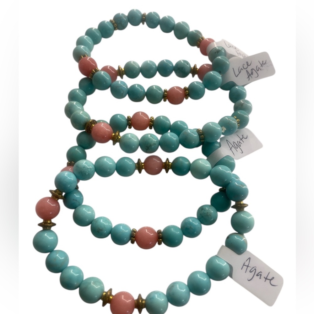 Lace Agate colored Turquoise, Rose Quartz Gemstone Bracelet,Stretch - Picture 6 of 7